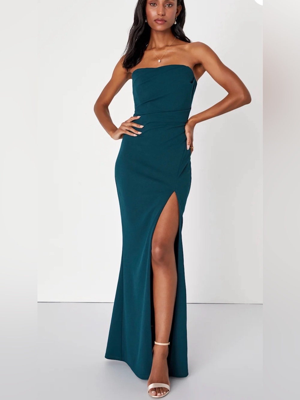 Lulus NWT Women Medium Emerald Green Strapless Pleated Maxi Gown Dress